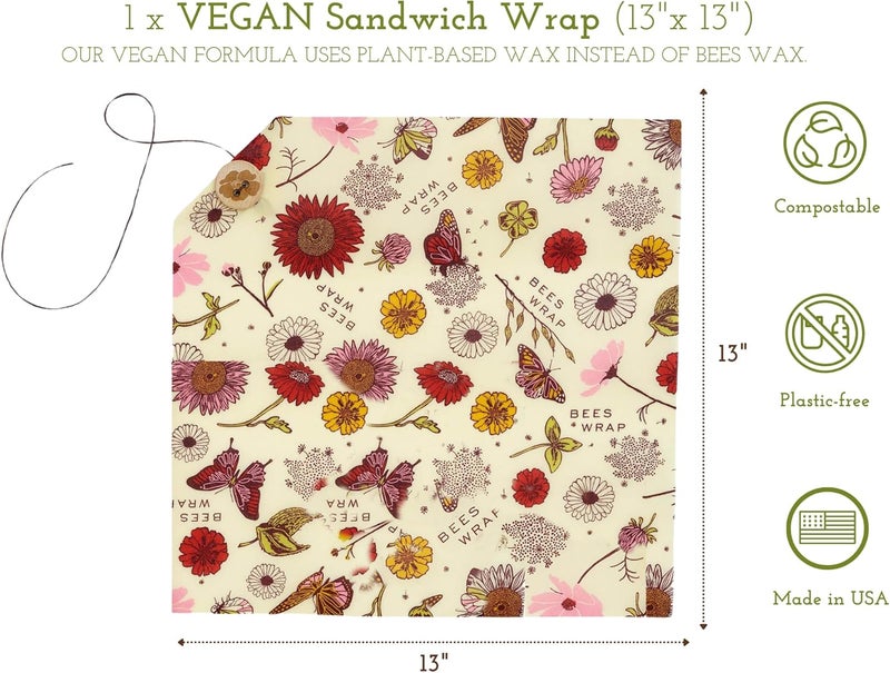 Bee's Wrap Vegan Beeswax Wraps for Food - Vegan Meadow Magic Sandwich Wrap - Made in USA Reusable Bread Bags - Organic & Eco-Friendly Alternative to Aluminum Foil, Sandwich Bags & Plastic Wrap - Image 2